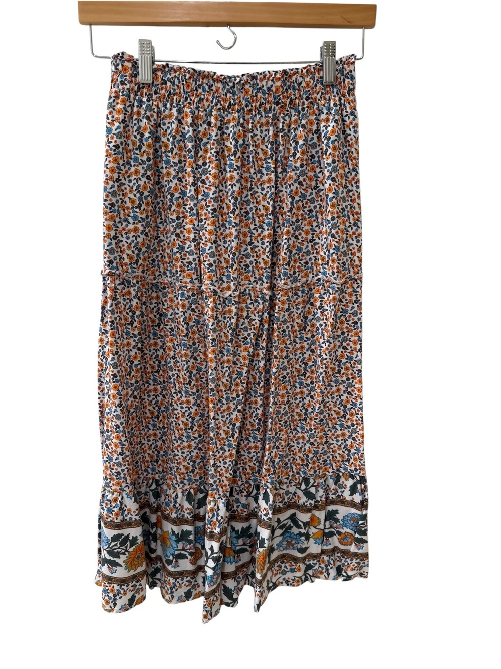 Floral Boho Tiered Maxi Skirt with Elastic Waist and Pockets, Small - Picture 3 of 8